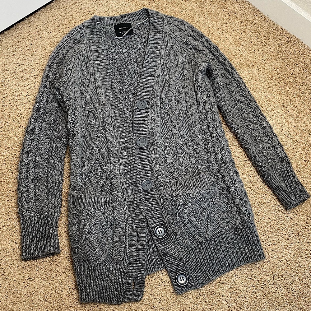 ZARA COZY GREY BUTTON LONGLINE SWEATER CARDIGAN SM